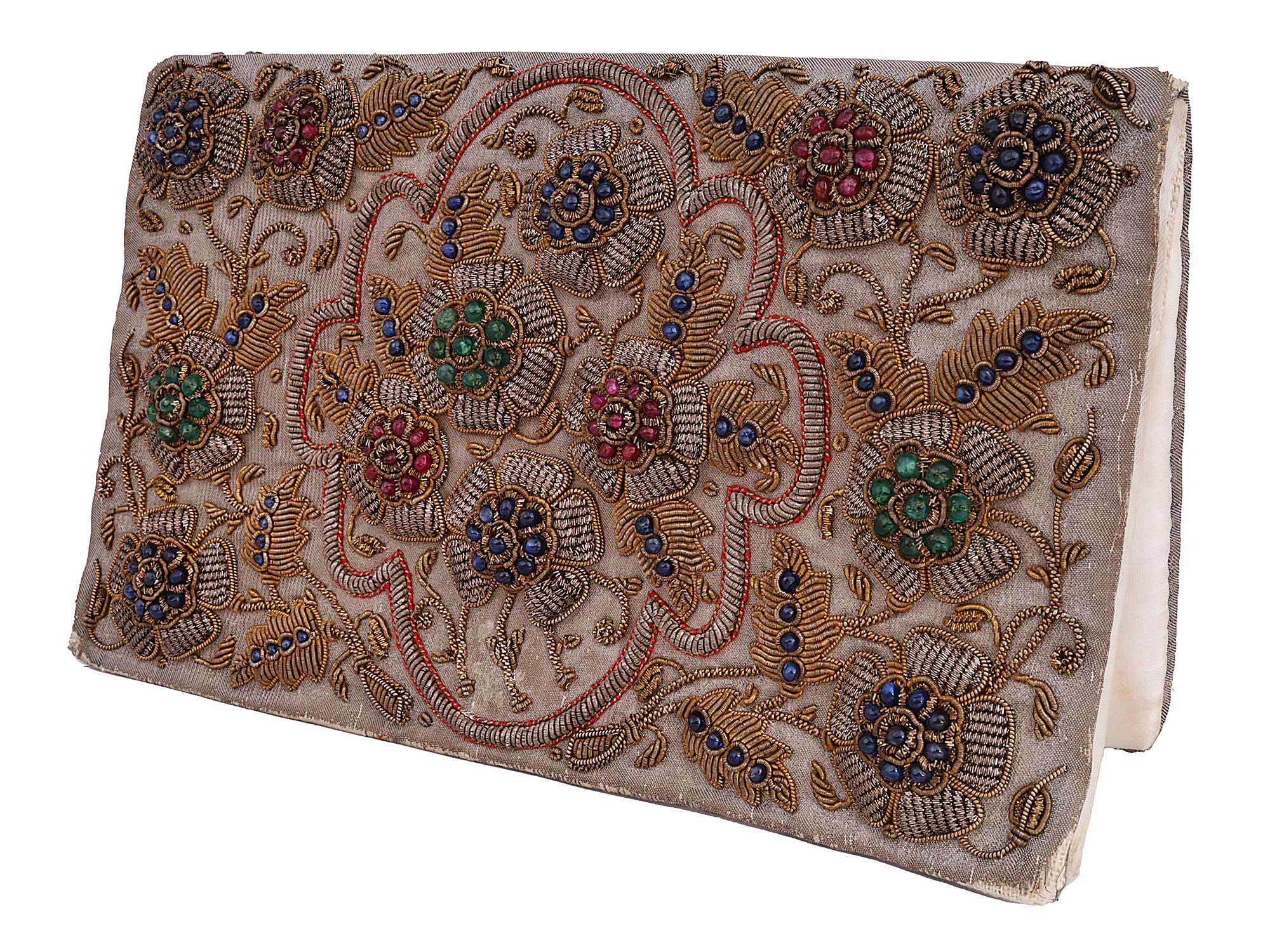 SILVER AND GOLD EMBROIDERED PURSE WITH GEMSTONES PIC-0